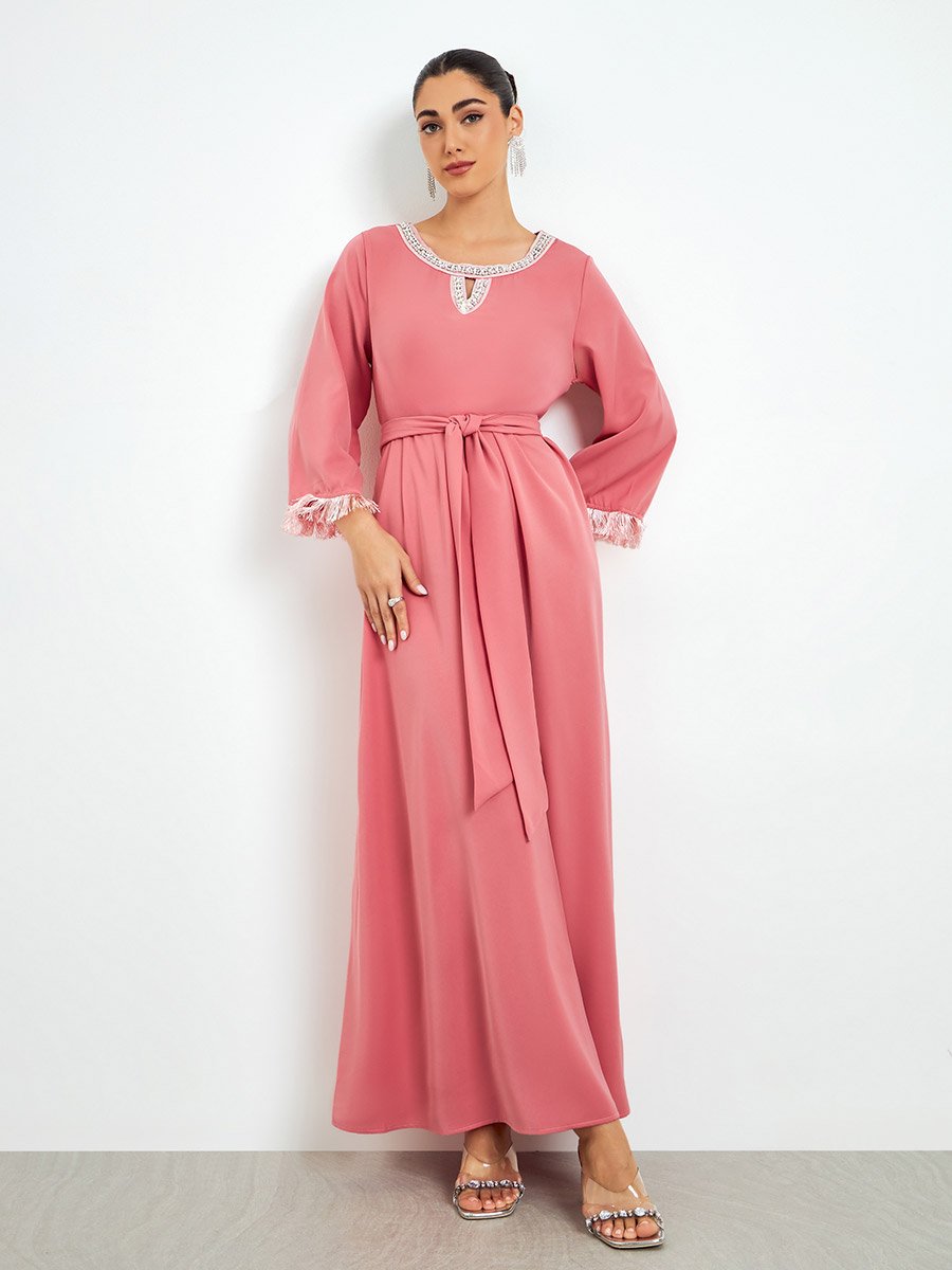Pink Embellished Tassel Trim A-Line Jalabiya