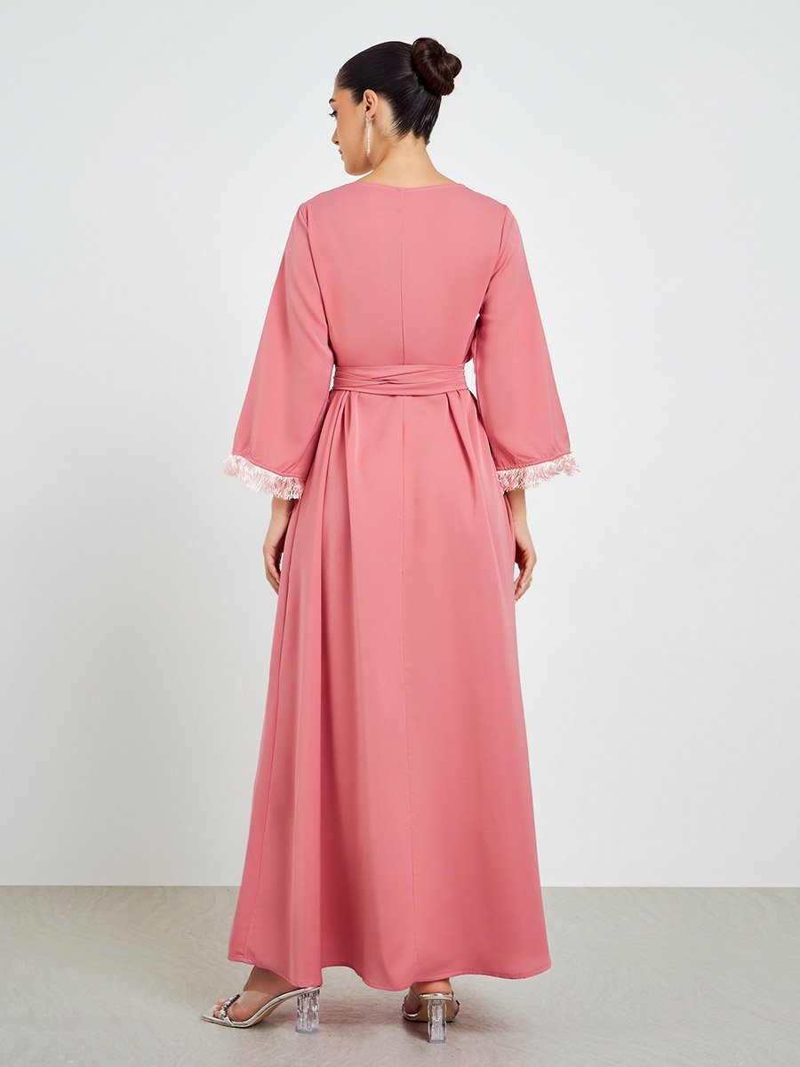 Pink Embellished Tassel Trim A-Line Jalabiya