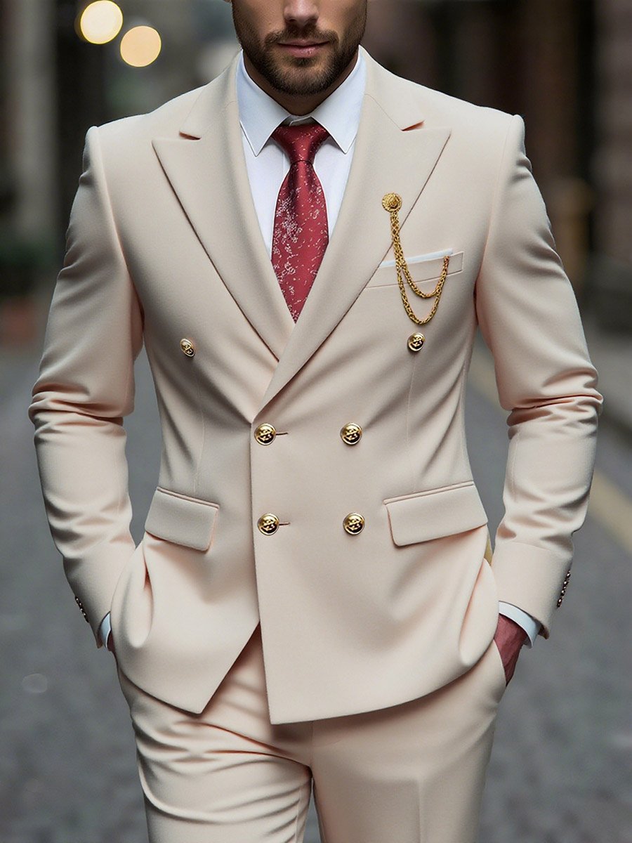 Men Double Breasted Solid Blazer and Suit Pants Set