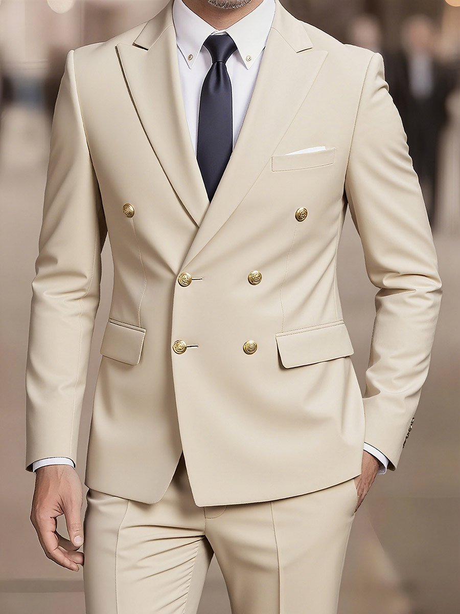 Men Double Breasted Solid Blazer and Suit Pants Set
