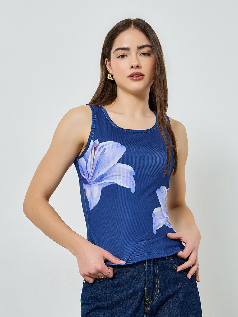 Navy Ribbed Floral Fitted Tank