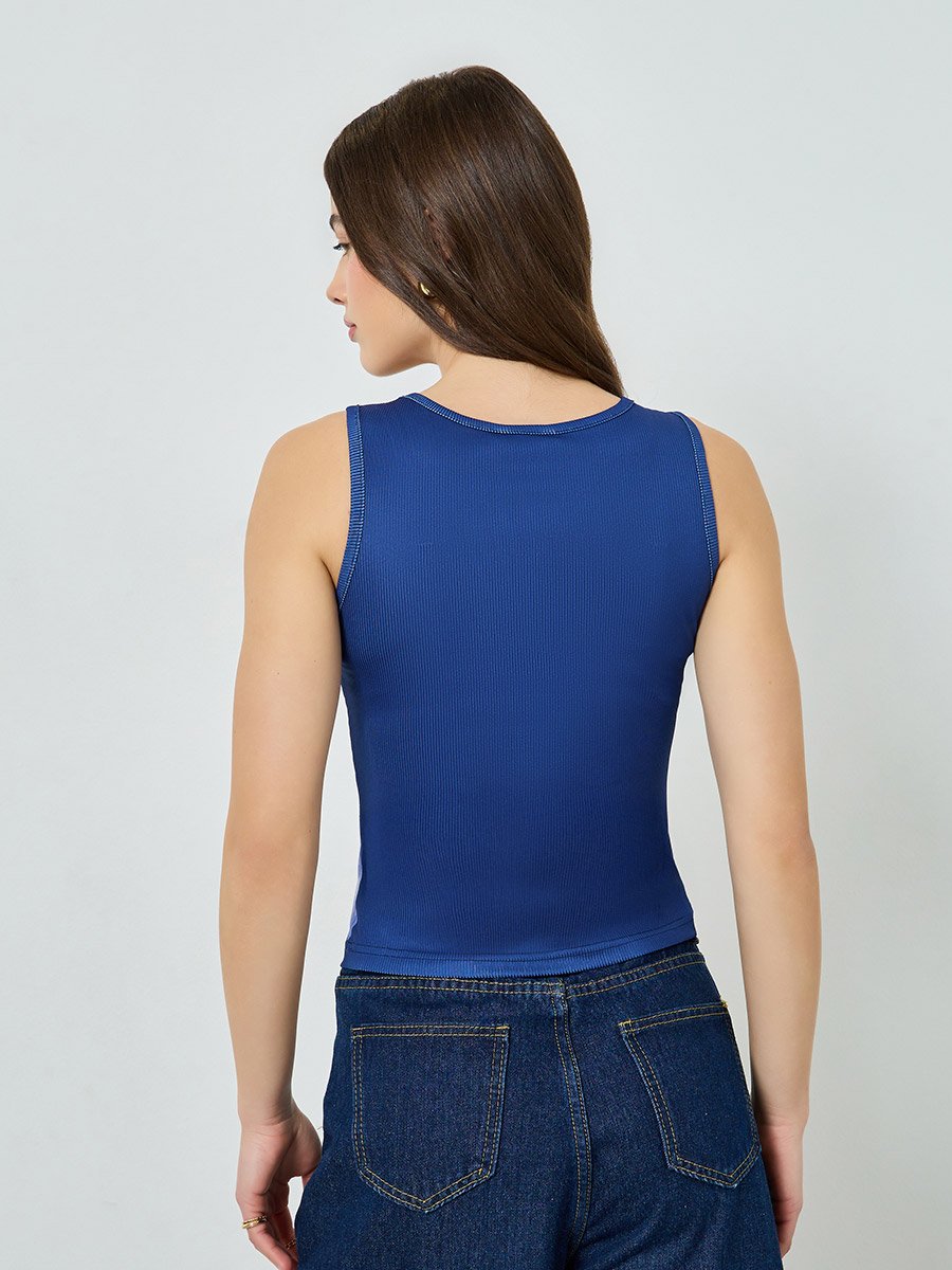 Navy Ribbed Floral Fitted Tank