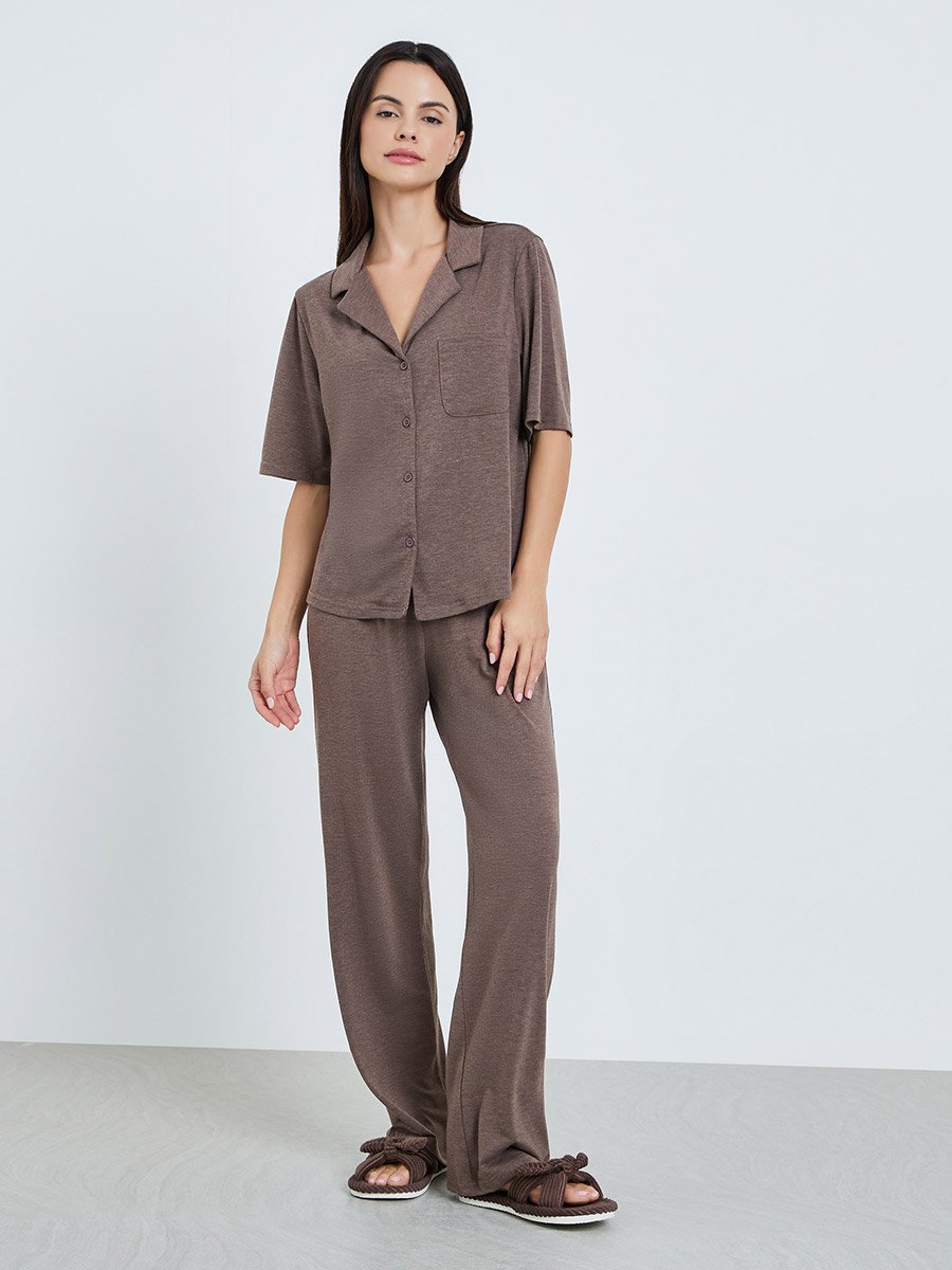 Women Brown Melange Shirt and Pyjama Set