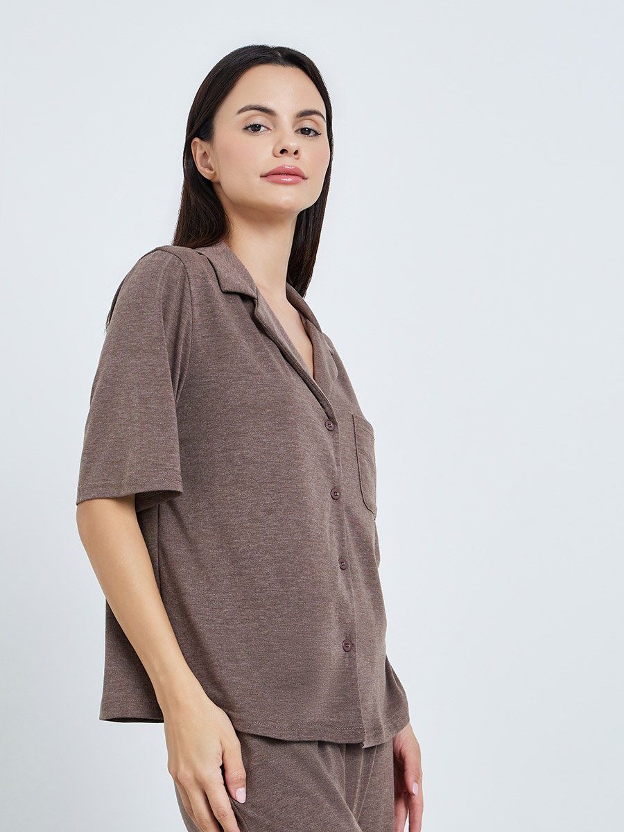 Women Brown Melange Shirt and Pyjama Set