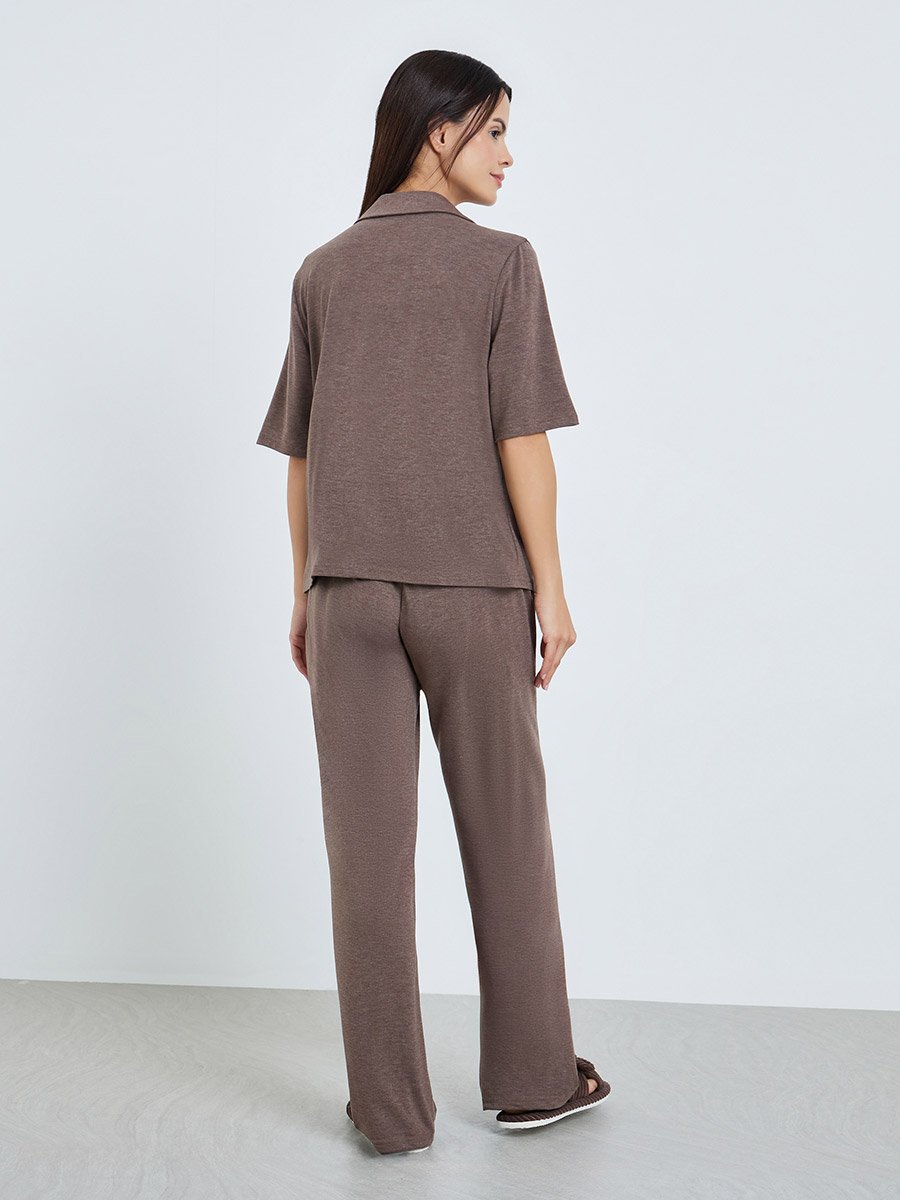Women Brown Melange Shirt and Pyjama Set