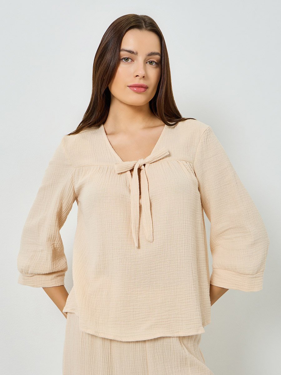 Double Gauze Cotton Tie Front Top and Wide Leg Pyjama Set