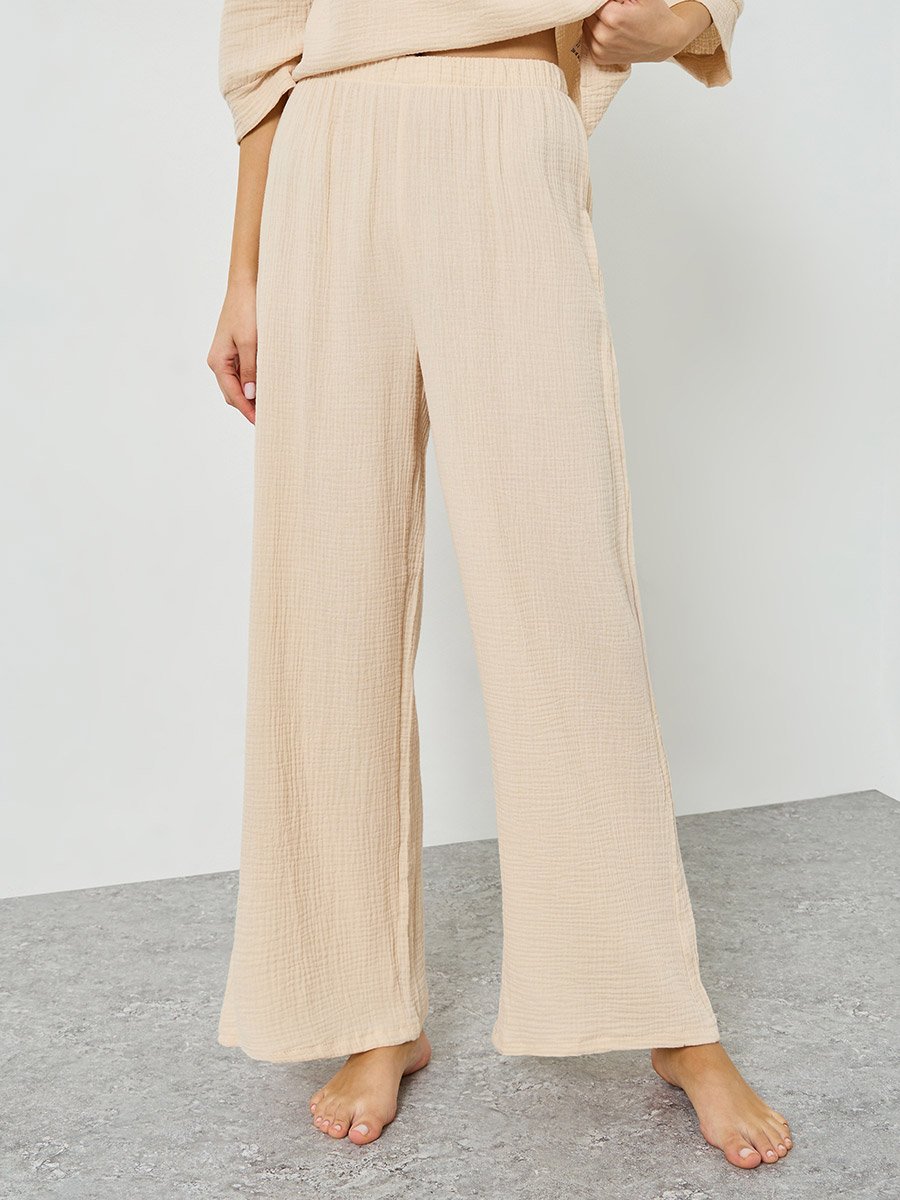 Double Gauze Cotton Tie Front Top and Wide Leg Pyjama Set