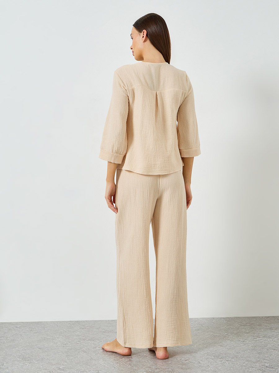 Double Gauze Cotton Tie Front Top and Wide Leg Pyjama Set