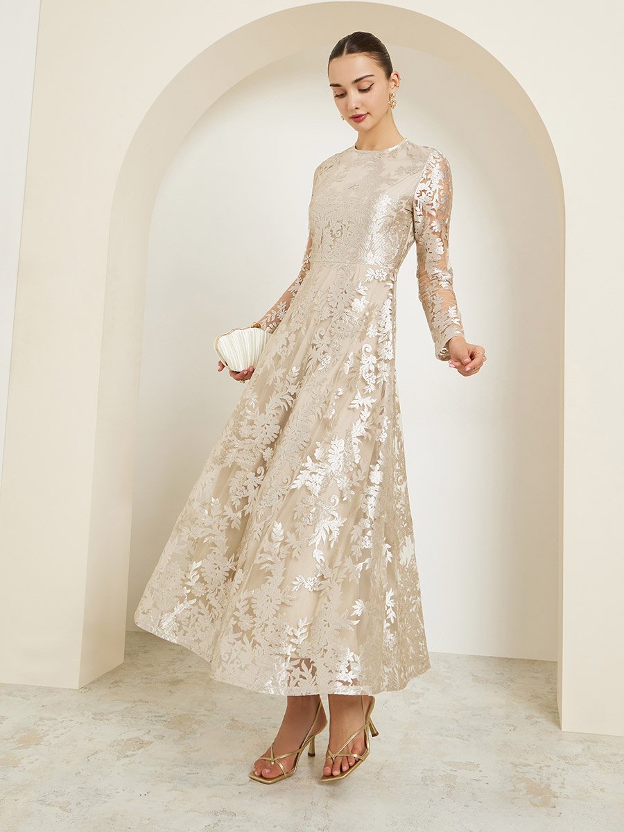 All-Lace Textured Long Sleeve A-Line Maxi Dress For Women at Oman | Styli All-Lace Textured Long Sleeve A-Line Maxi Dress For Women at Oman | Styli