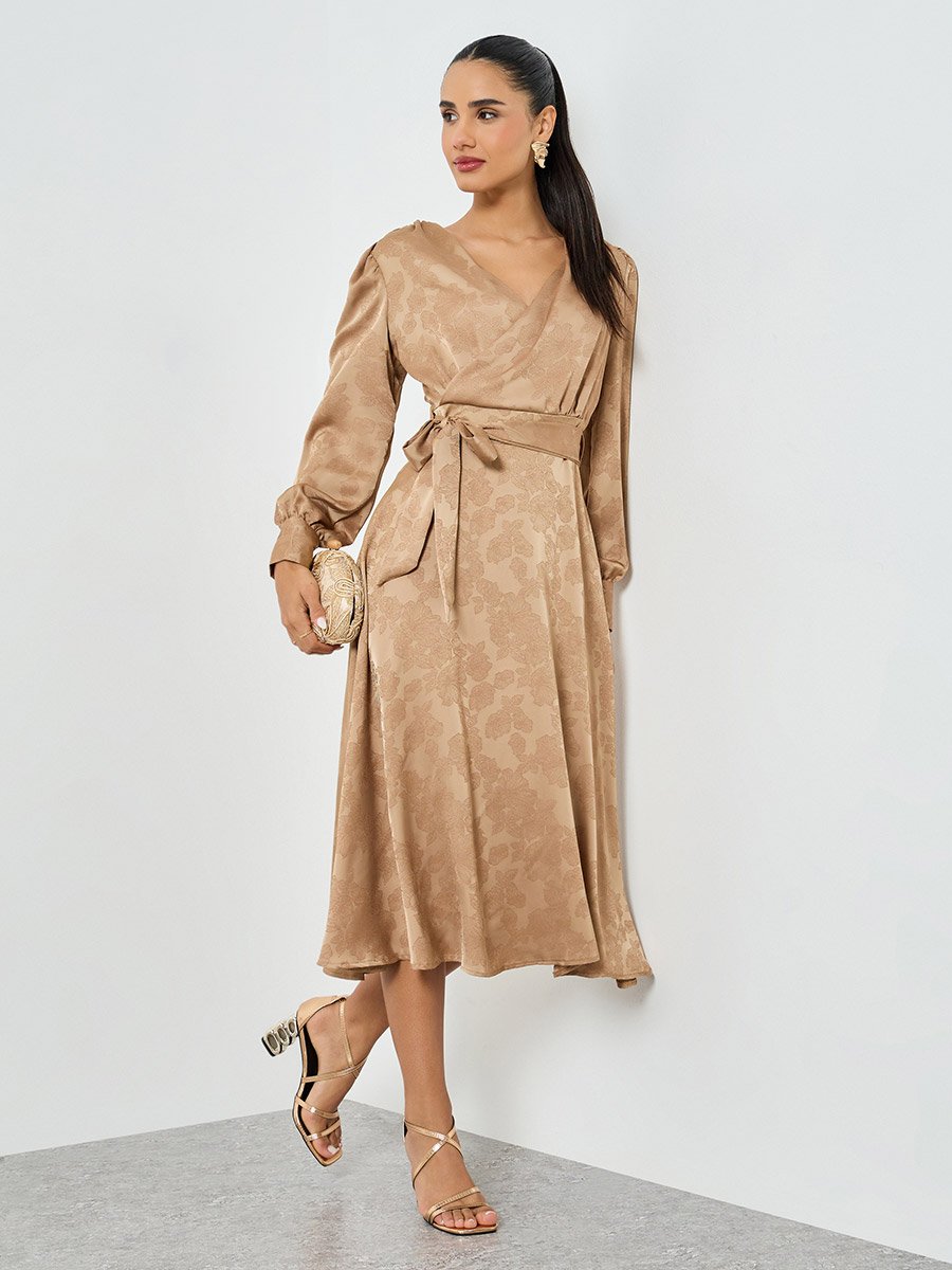 Beige Jacquard Wrap Midi Dress For Women at Saudi | Styli Beige Jacquard Wrap Midi Dress For Women at Saudi | Styli