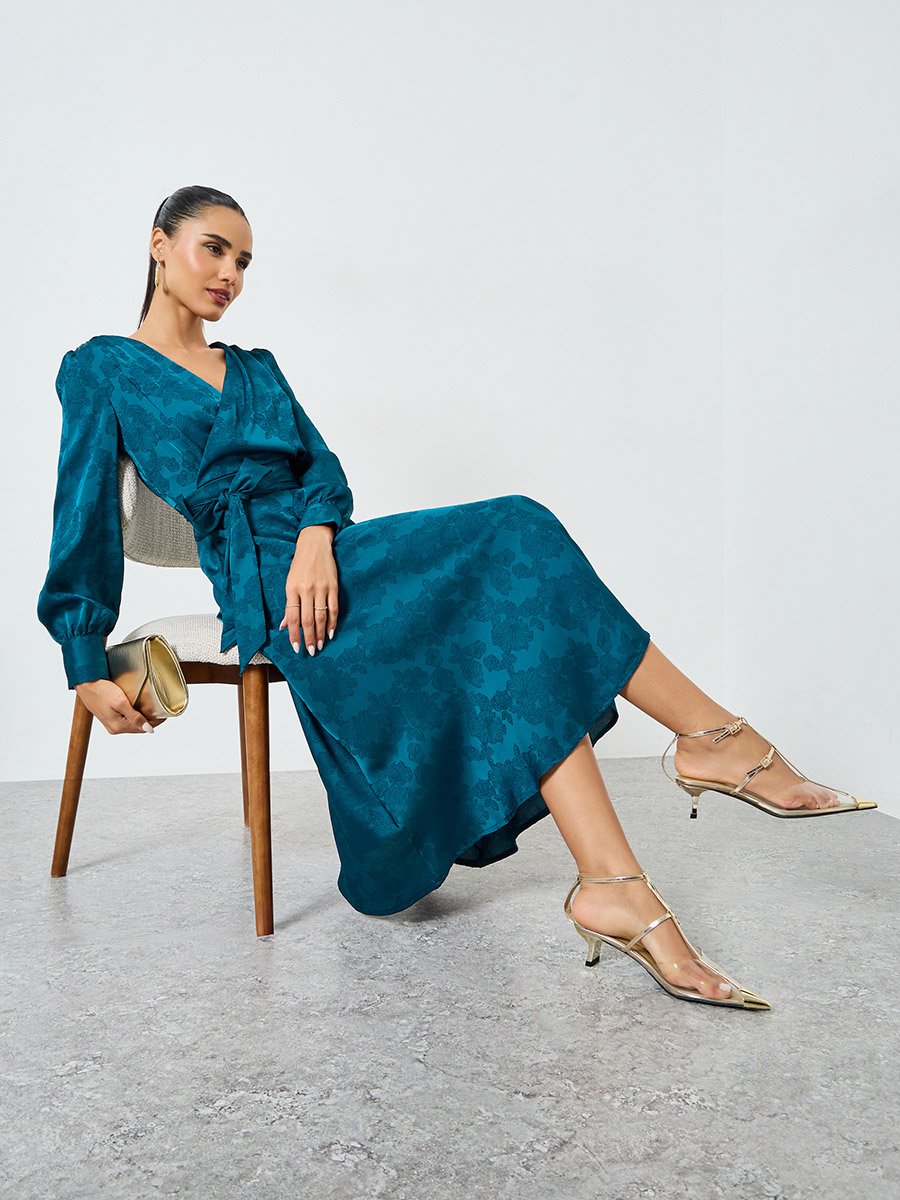 Teal Jacquard Wrap Midi Dress