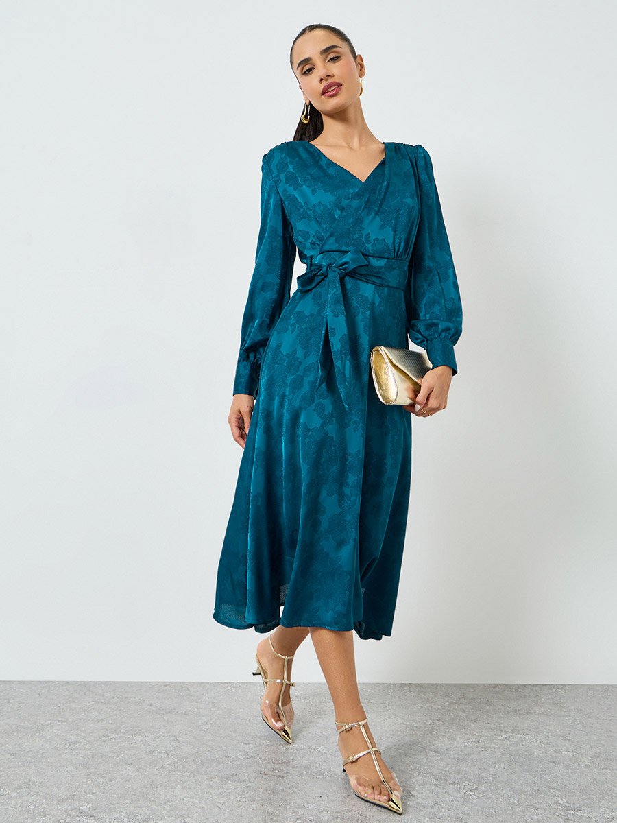 Teal Jacquard Wrap Midi Dress For Women at Saudi | Styli