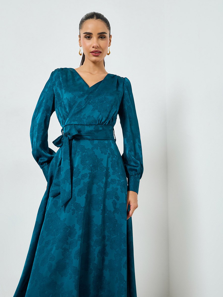 Teal Jacquard Wrap Midi Dress