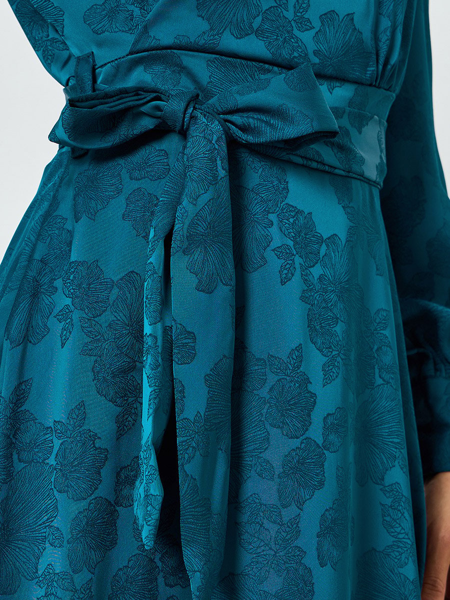 Teal Jacquard Wrap Midi Dress