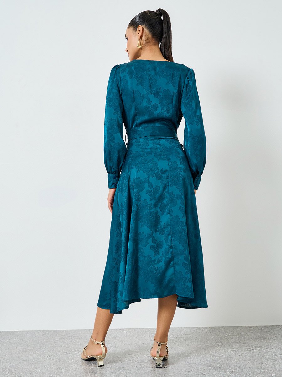 Teal Jacquard Wrap Midi Dress