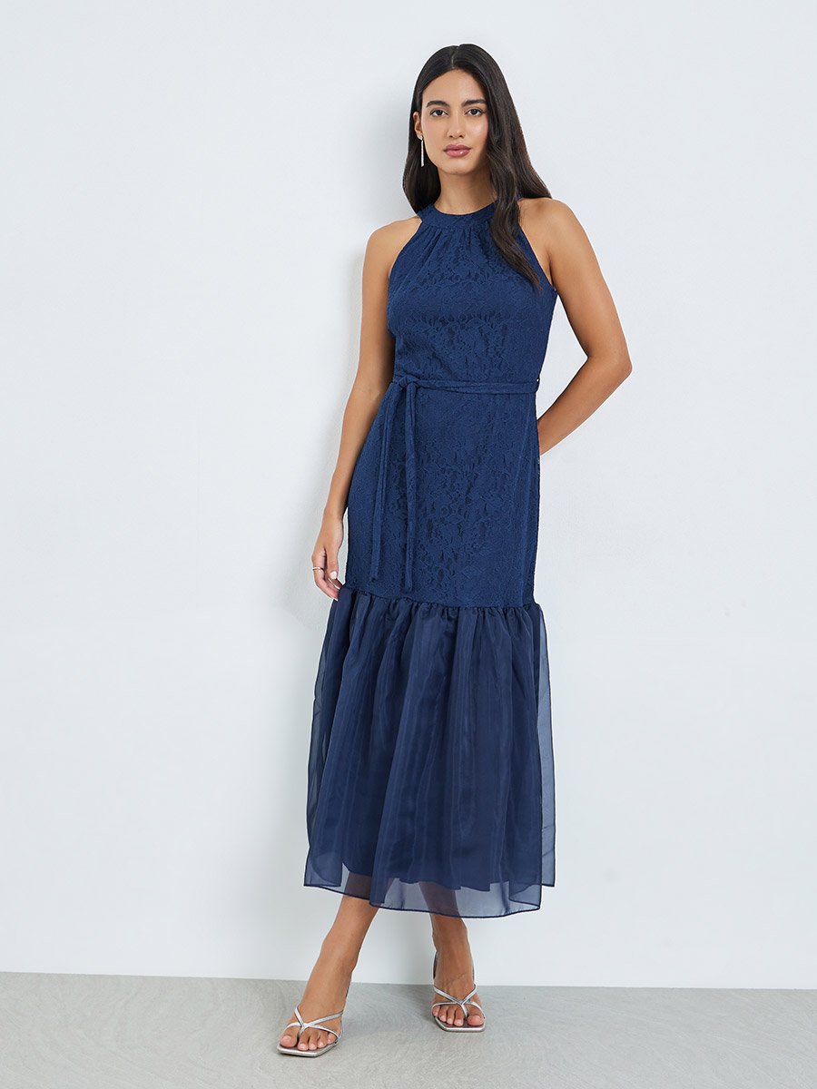 Blue Lace Sleeveless Ruffled Hem Maxi Dress For Women at Bahrain | Styli