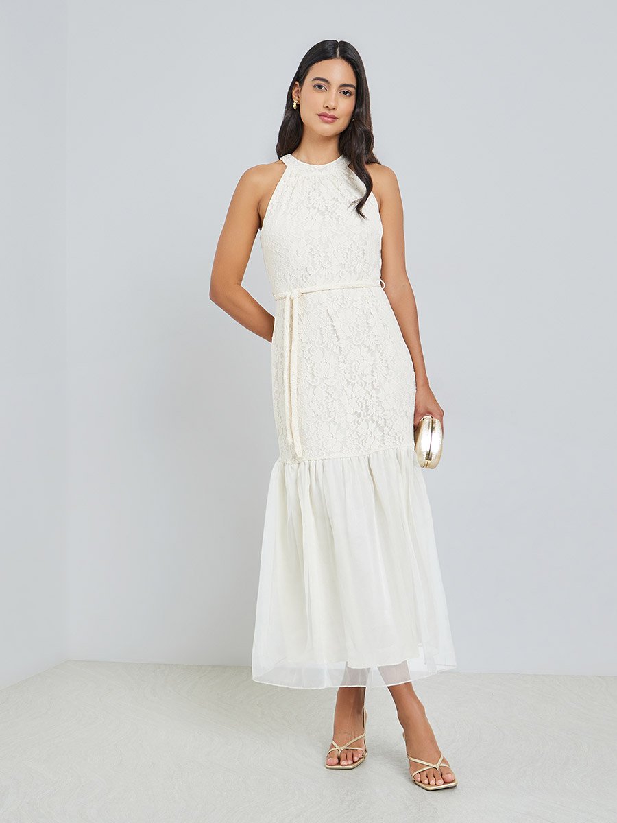Off-White Lace Sleeveless Ruffled Hem Maxi Dress For Women at Bahrain |  Styli