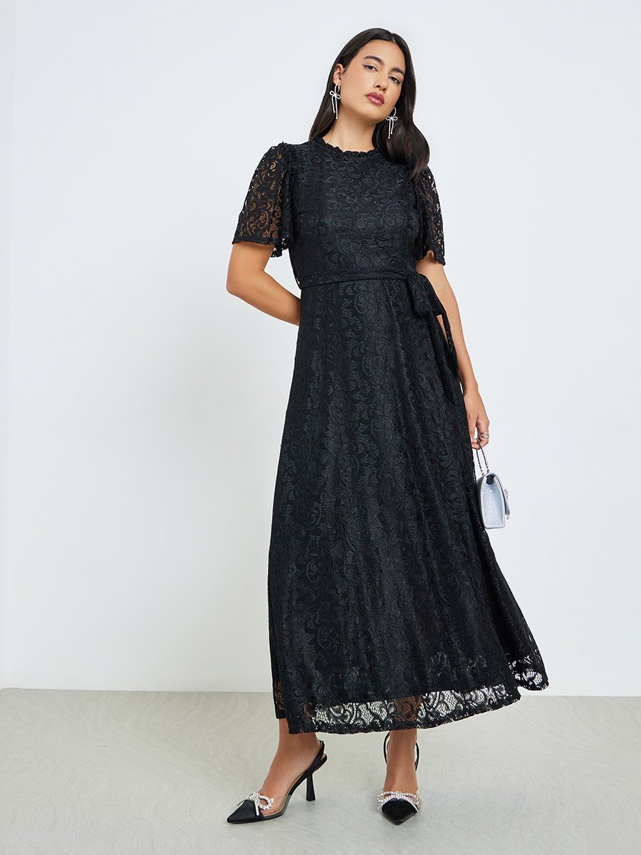 Black Lace Short Sleeves A-Line Maxi Dress