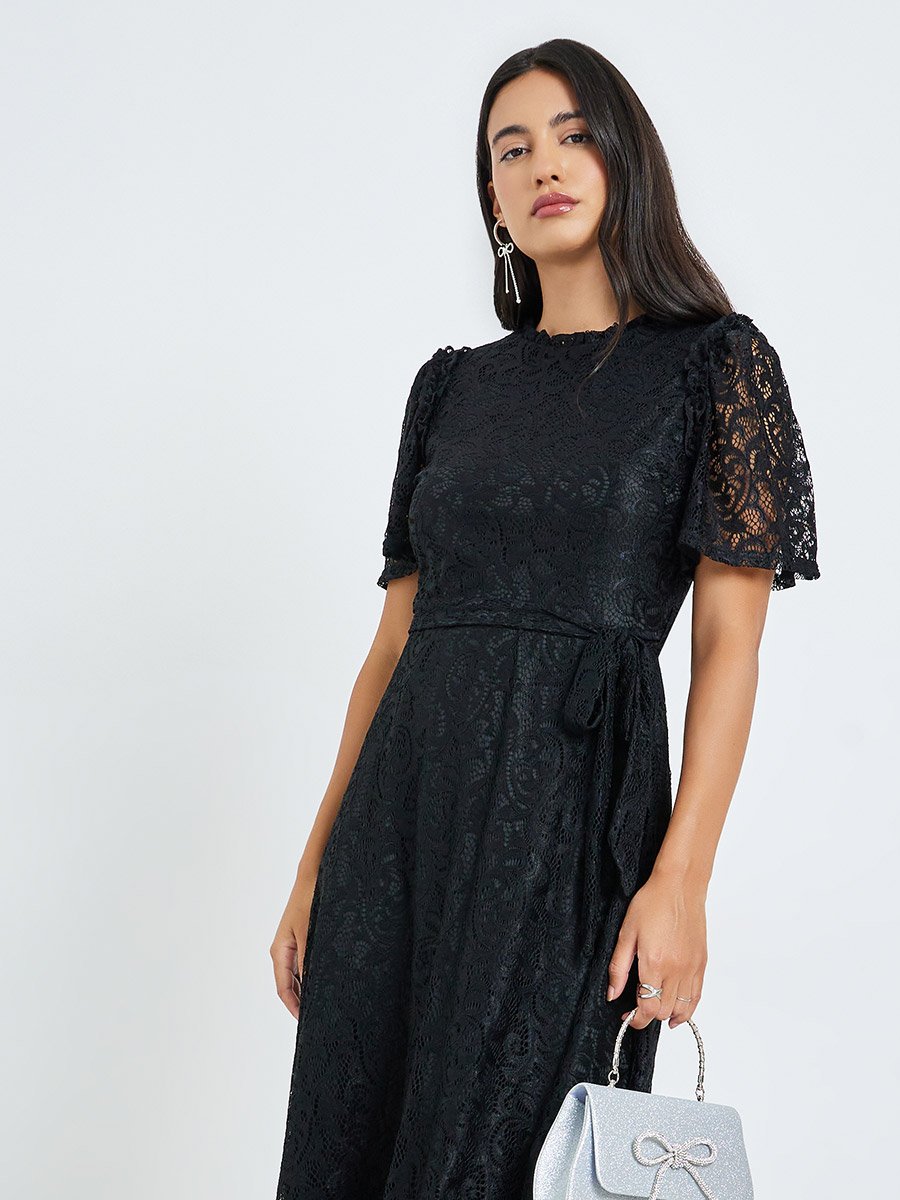 Black Lace Short Sleeves A-Line Maxi Dress