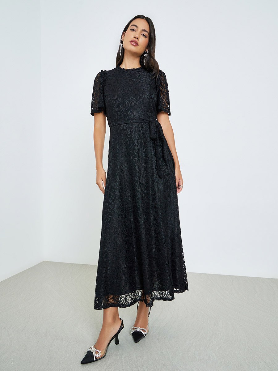 Black Lace Short Sleeves A-Line Maxi Dress