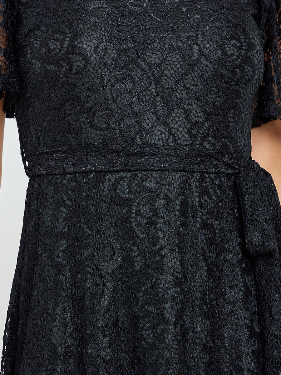Black Lace Short Sleeves A-Line Maxi Dress
