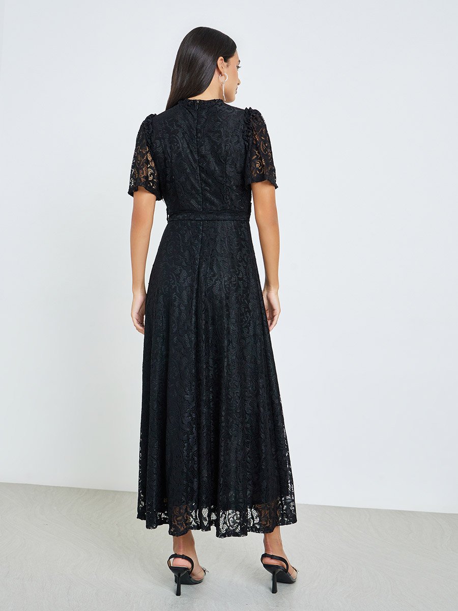 Black Lace Short Sleeves A-Line Maxi Dress