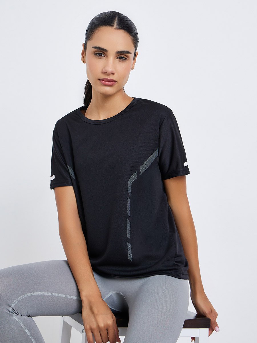 Women Black Reflective Print Top
