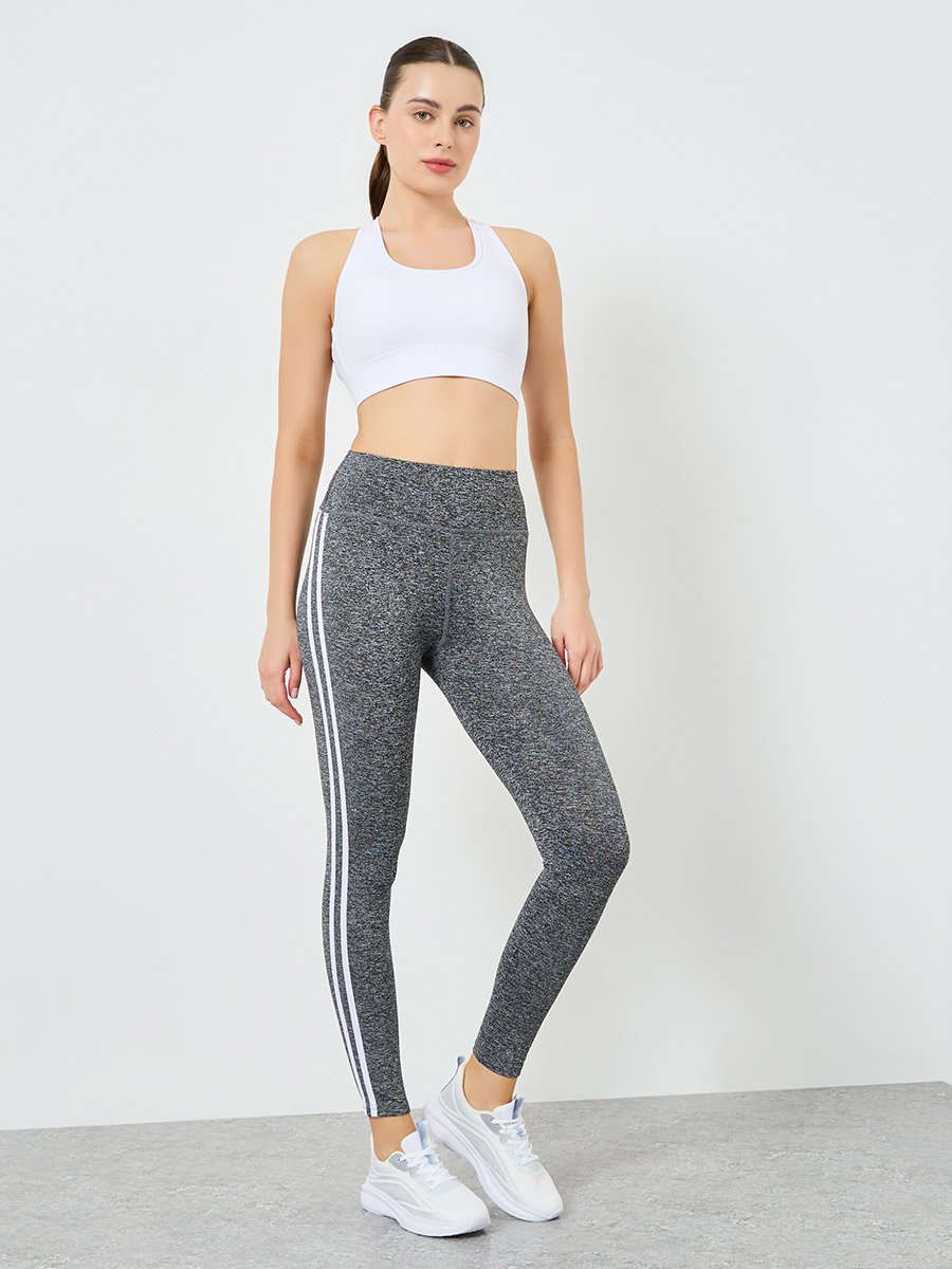 Women Grey Melange Dual Stripes Leggings