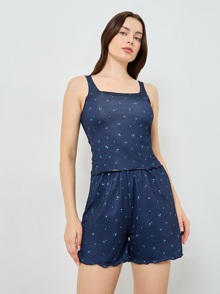 Ditsy Floral Lettuce Hem Square Neck Tank and Shorts Set