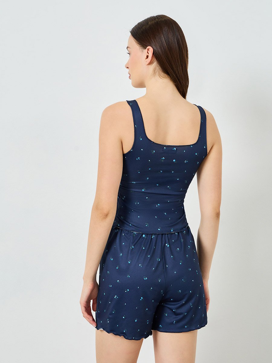 Ditsy Floral Lettuce Hem Square Neck Tank and Shorts Set