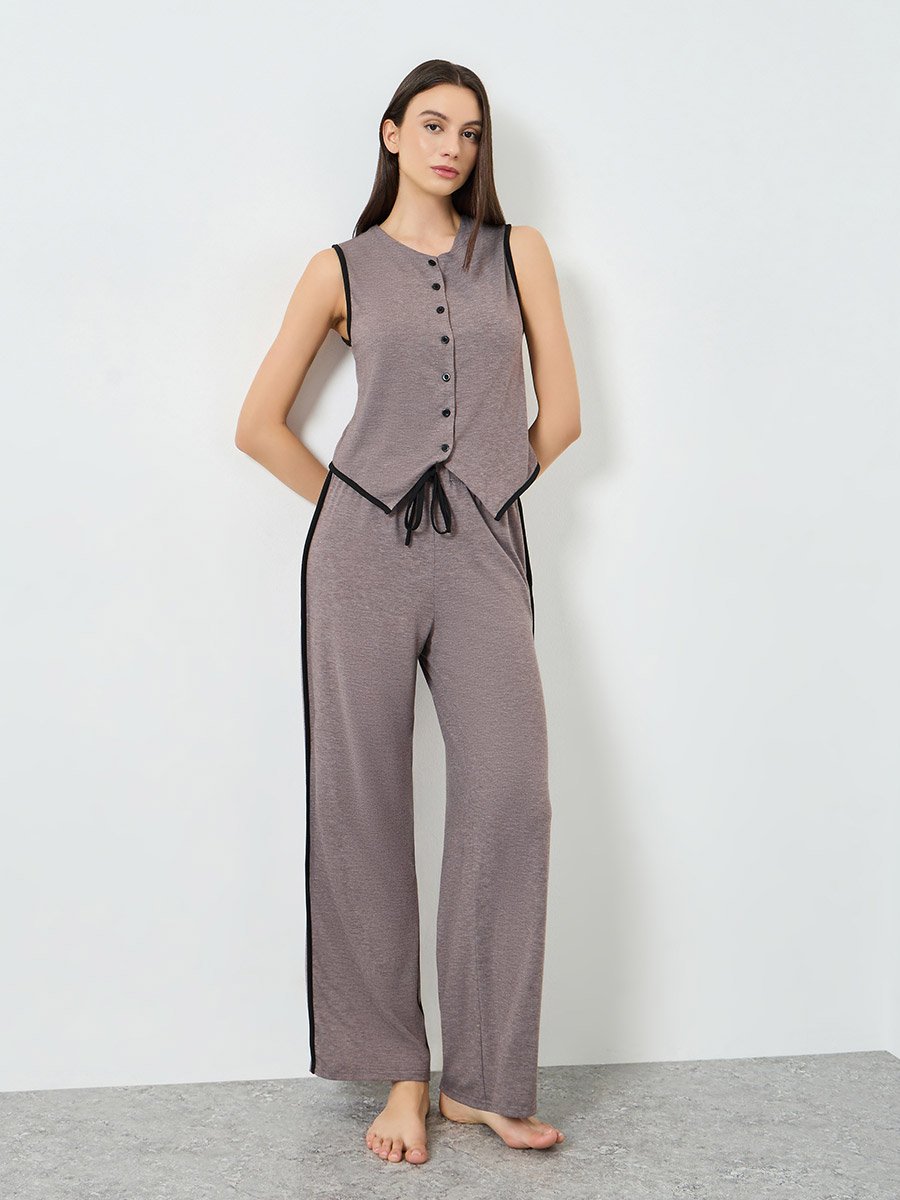 Piped Button Through Waistcoat and Side Stripe Pyjama Set