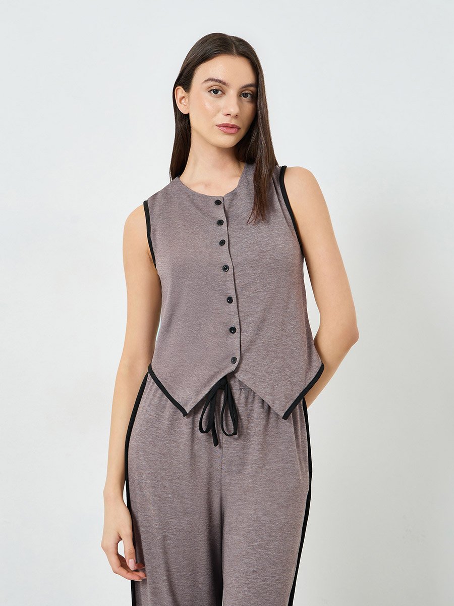 Piped Button Through Waistcoat and Side Stripe Pyjama Set