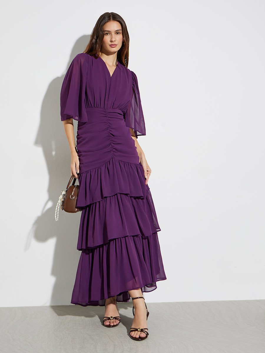 Purple Ruched Waist Tiered Maxi Dress