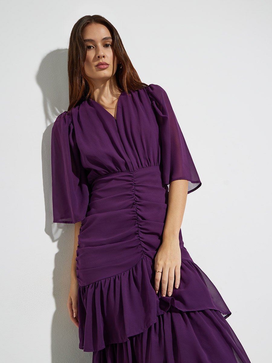 Purple Ruched Waist Tiered Maxi Dress