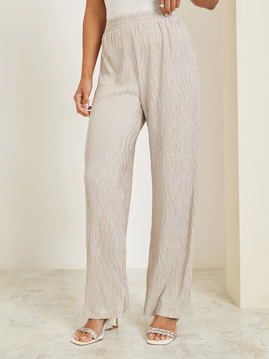 Women Cream Textured Wide Leg Trousers