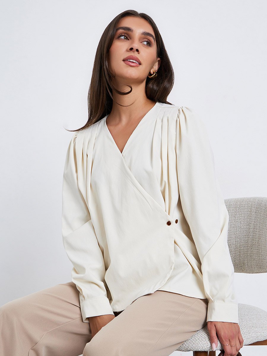 Women Beige Pleated Wrap Top