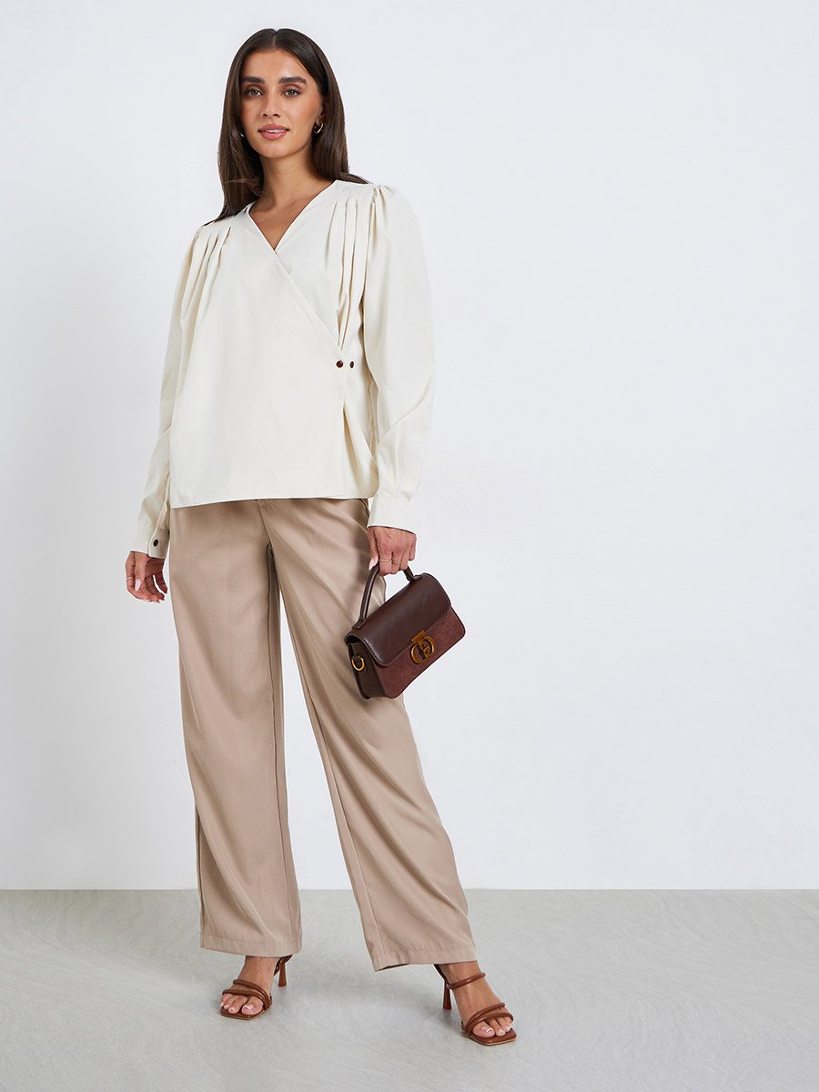 Women Beige Pleated Wrap Top