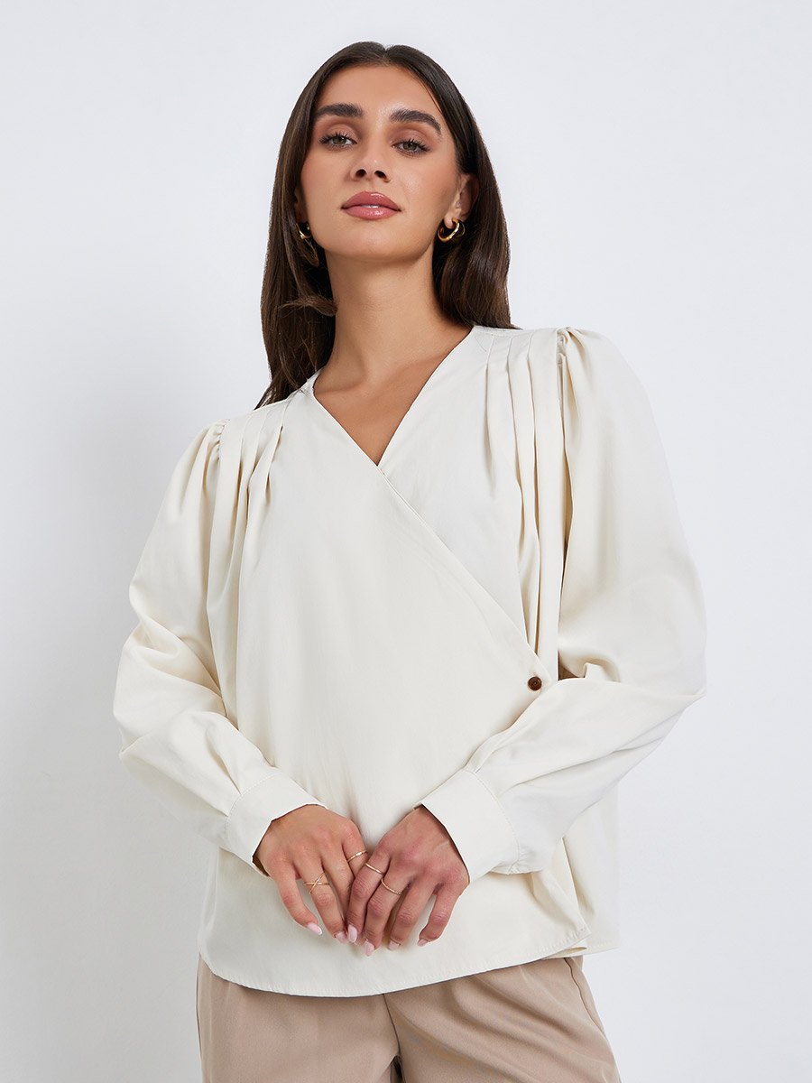 Women Beige Pleated Wrap Top