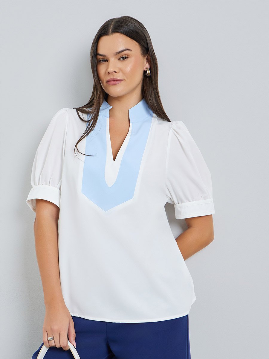 White Puff Sleeve Contrast Neckline Top