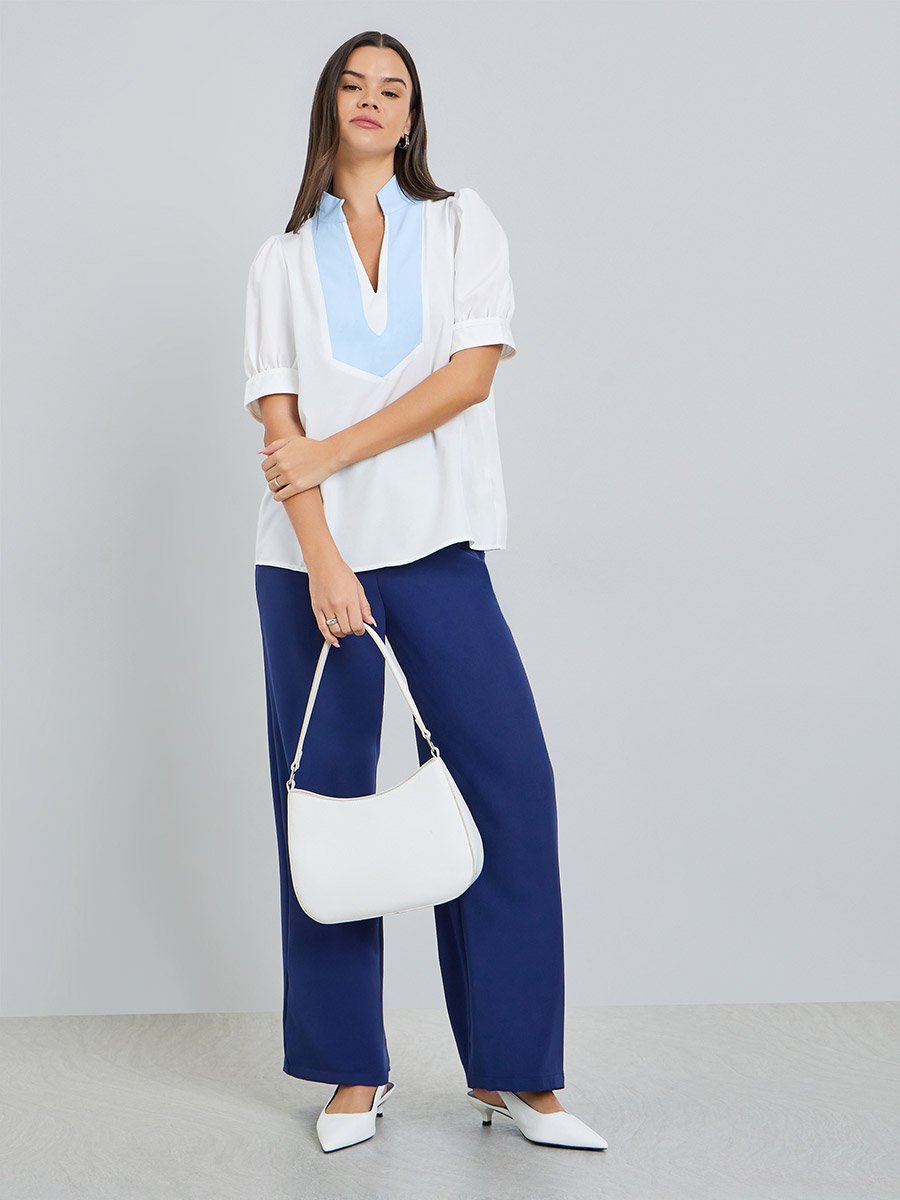 White Puff Sleeve Contrast Neckline Top