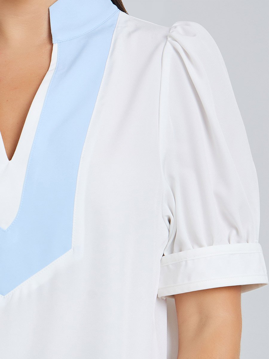 White Puff Sleeve Contrast Neckline Top