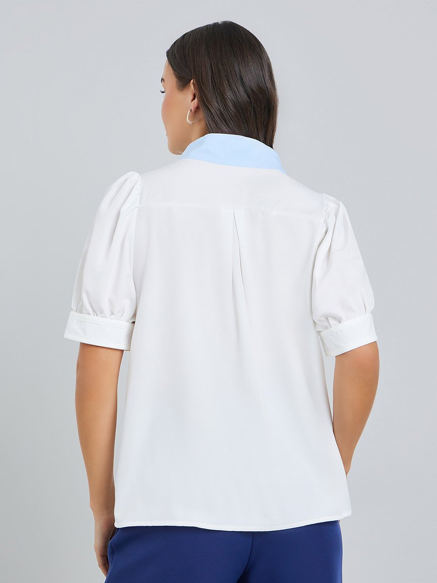 White Puff Sleeve Contrast Neckline Top