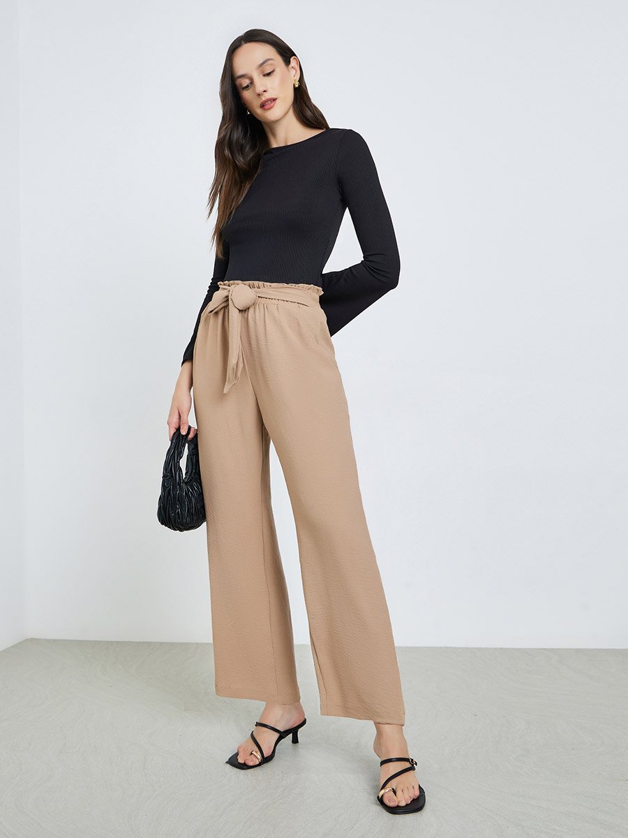 Coffee Brown Wide Leg Pants with Tie Waist