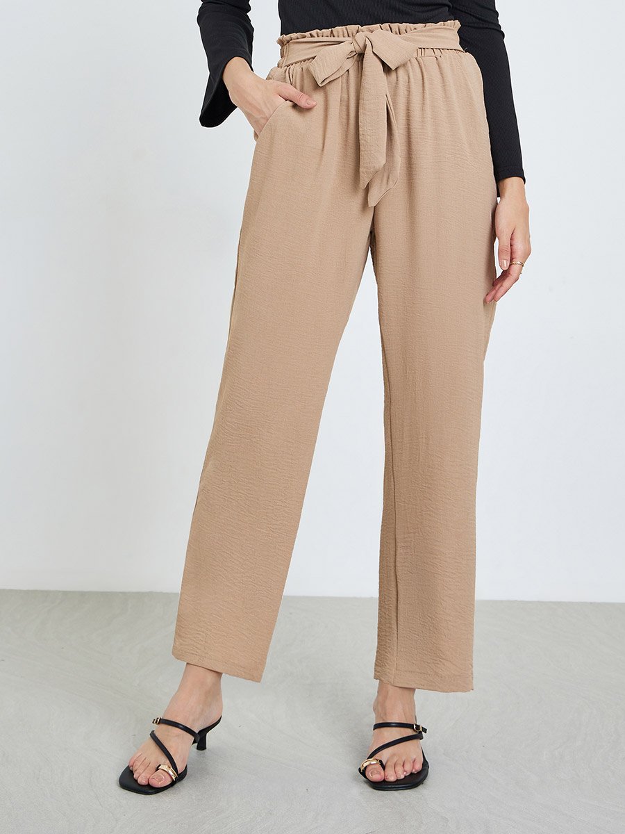 Coffee Brown Wide Leg Pants with Tie Waist