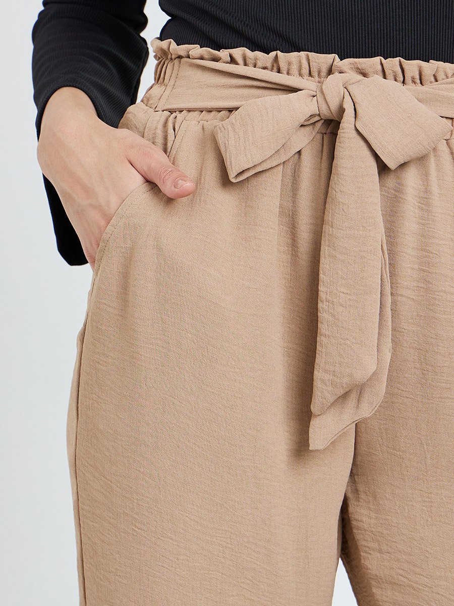 Coffee Brown Wide Leg Pants with Tie Waist