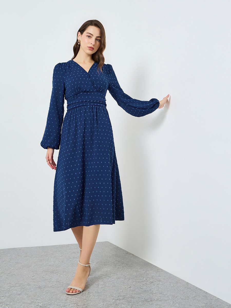 Women Blue Textured Balloon Sleeve Midi Dress