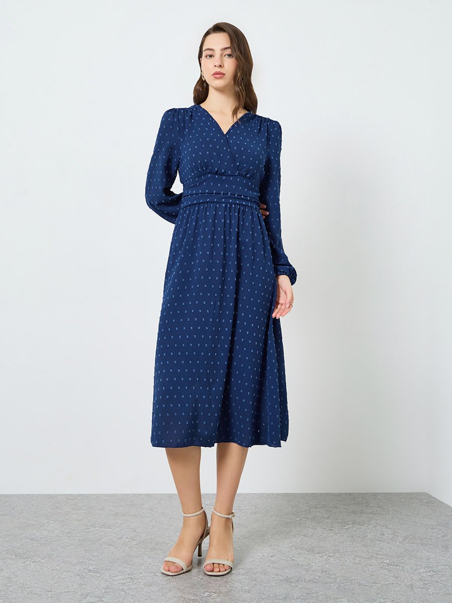 Women Blue Textured Balloon Sleeve Midi Dress