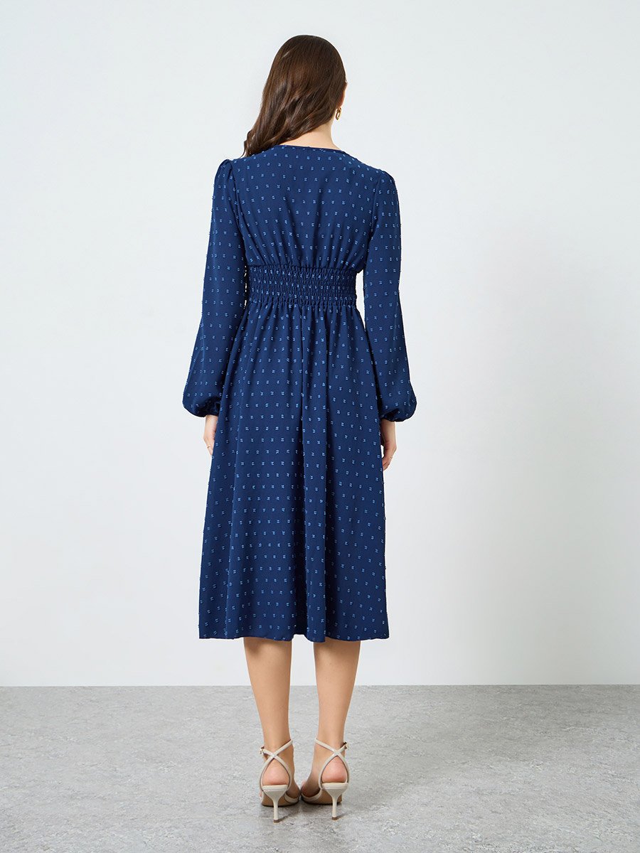 Women Blue Textured Balloon Sleeve Midi Dress