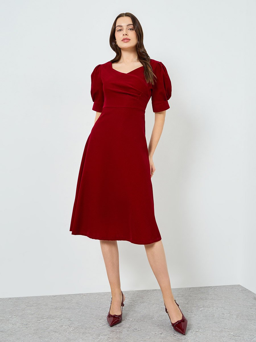 Women Red Puff Sleeve A-Line Midi Dress
