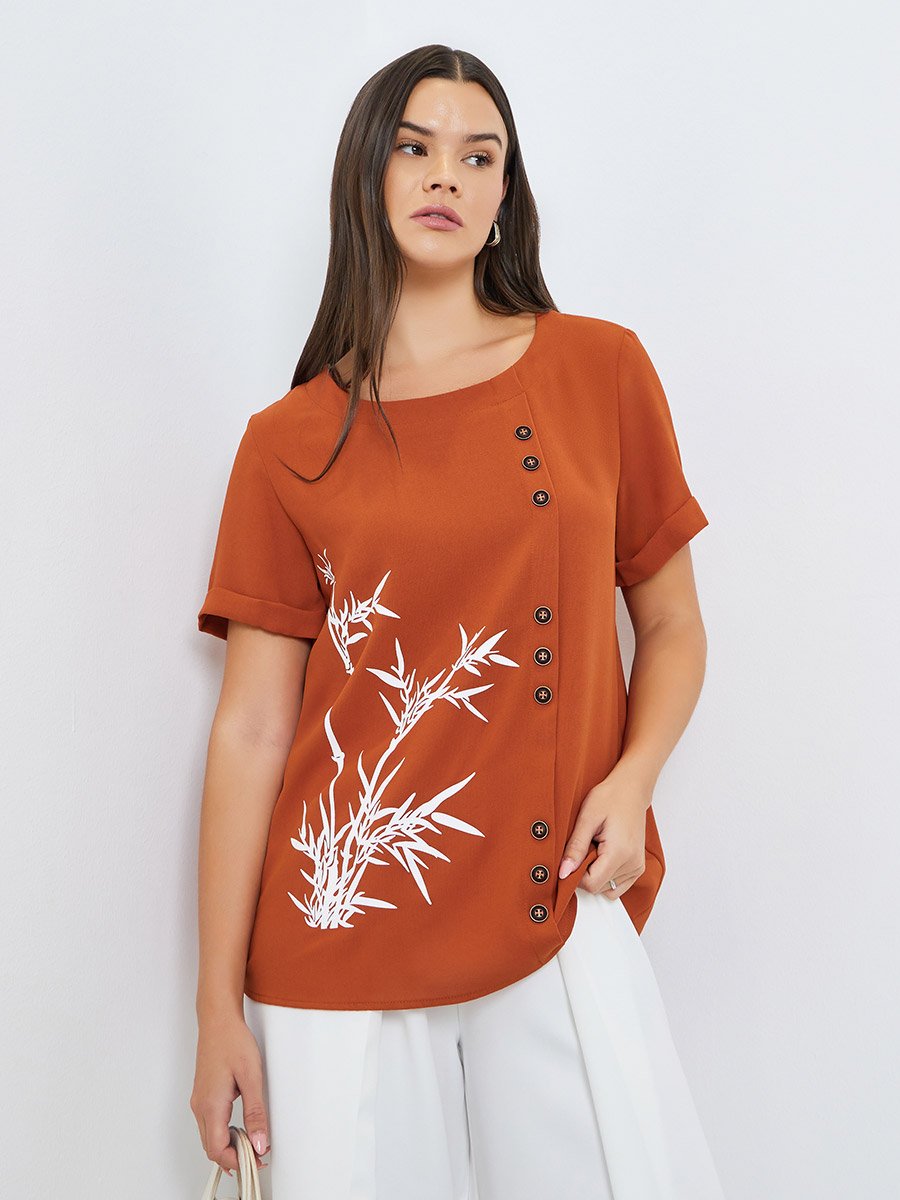 Women Rust Button-Detail Top with Bamboo Print